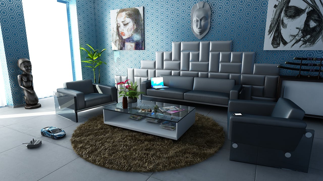 services-01 Contemporary living room featuring sleek furniture, artistic decor, and a vibrant geometric wallpaper.