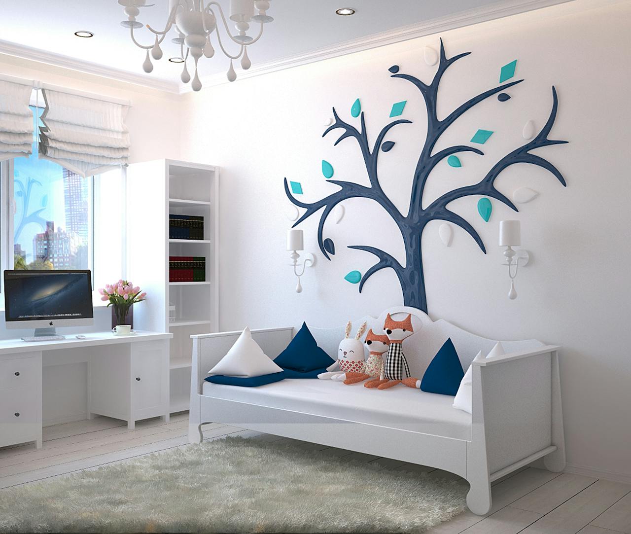 about-us A stylish childrens room with a modern design featuring a tree wall art and plush toys.