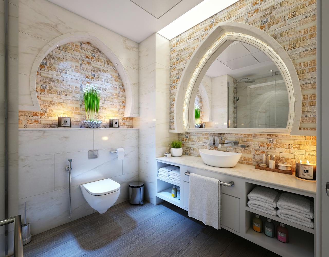 services-03 Elegant modern bathroom with marble tiles, ambient lighting, and stylish decor.